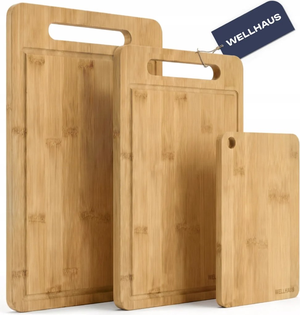 3x Konyhai Vágódeszka Bambusz Fa Szett Wellhaus