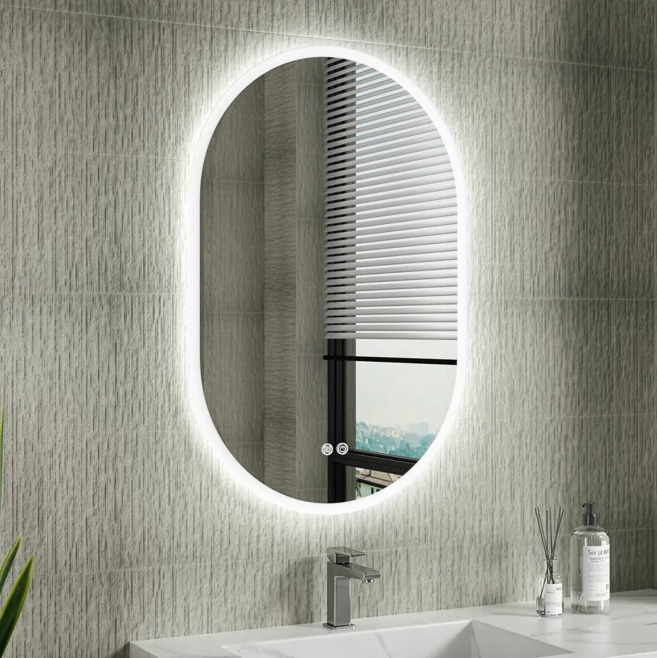 Erga Demi, ovális LED tükör 60x90cm, 3 színű fény, első világítás, páramentes fűtőbetét, ERG-V01-Demi-6090-CL