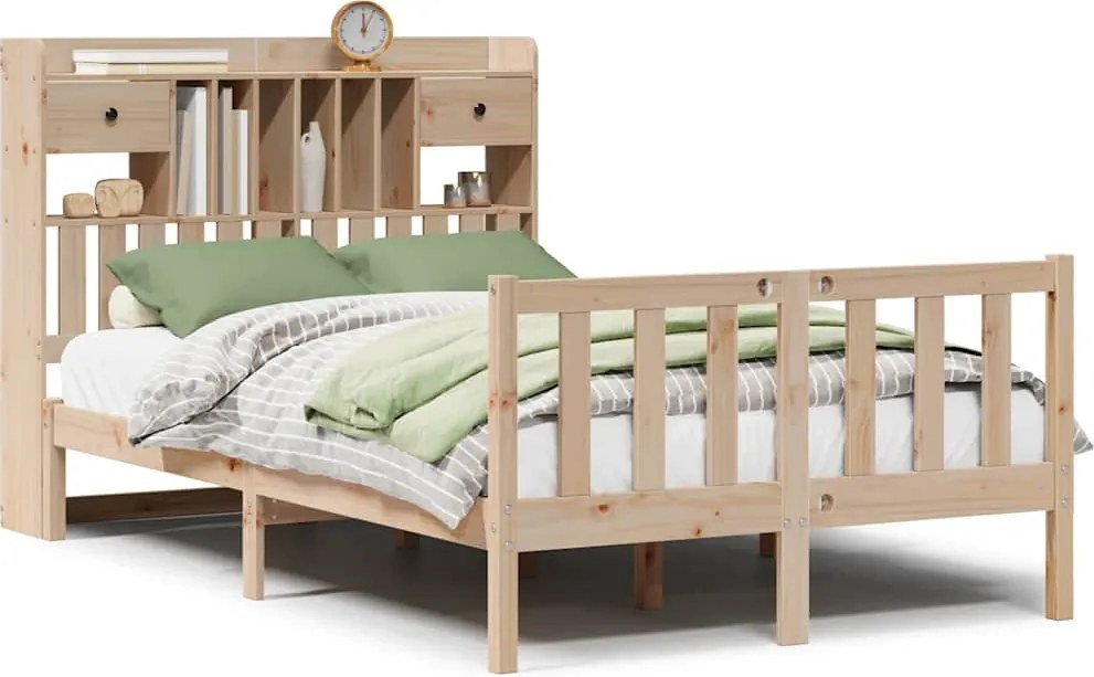 vidaXL tömör fenyőfa könyvespolcos ágy matrac nélkül 135 x 190 cm