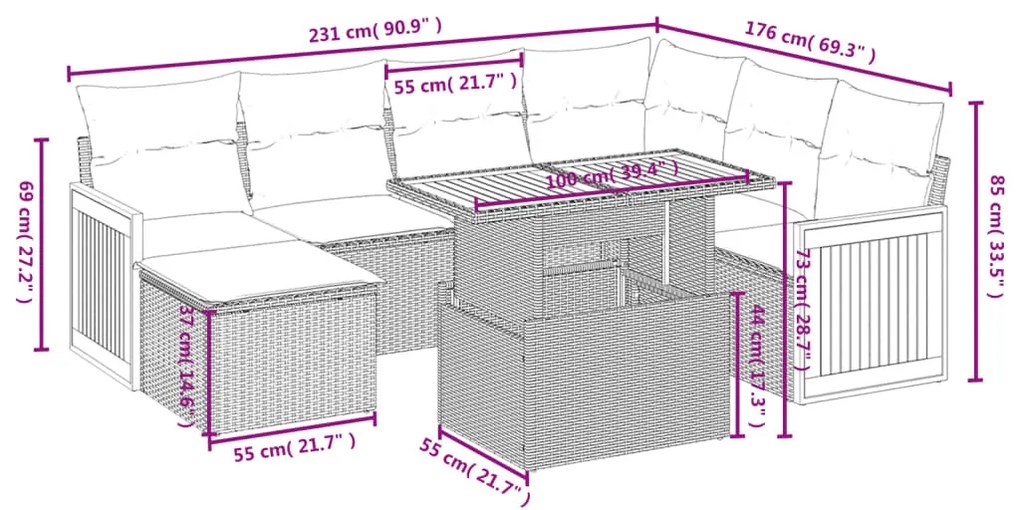 8 részes fekete polyrattan kerti ülőgarnitúra párnákkal