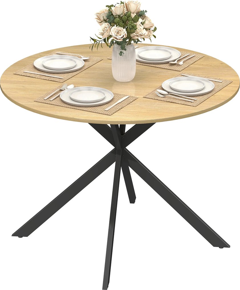 HOMCOM Round Dining Table for 4 — 39.4" Oak Top with Black Steel X-Legs, for Dining Room, Kitchen or Home Office | Aosom