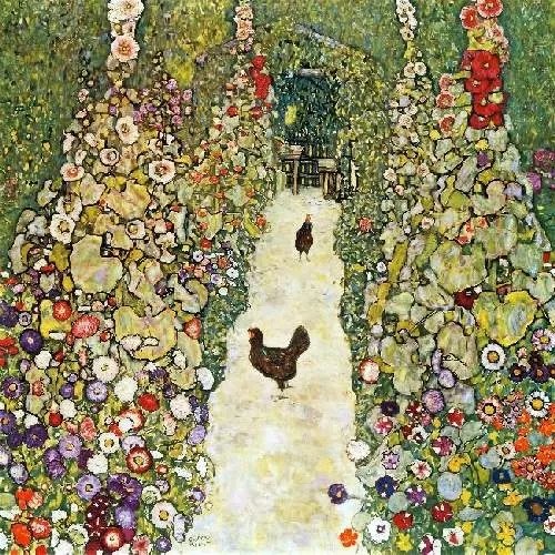 Klimt - Kerti ösvény tyúkokkal üvegkép, falikép
