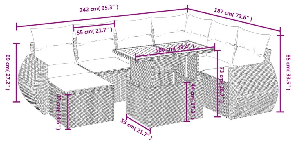 8 részes fekete polyrattan kerti ülőgarnitúra párnákkal