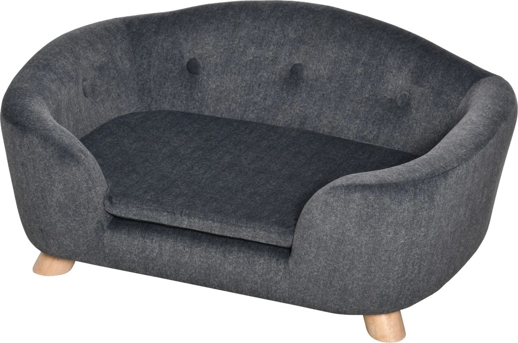 PawHut Kiskutya Kanapé, Kutya Ágy, Macska Kanapé Párnával, Hátsó Zseb Plüss Hab, Fenyő Fa, Sötétszürke 70 x 47 x 30 cm | Aosom