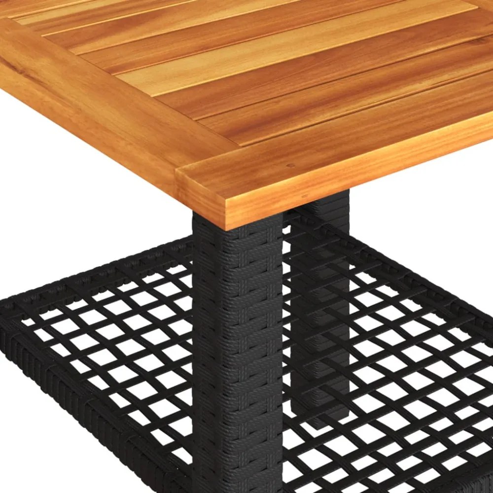 fekete polyrattan és akácfa kerti asztal 40 x 40 x 42 cm