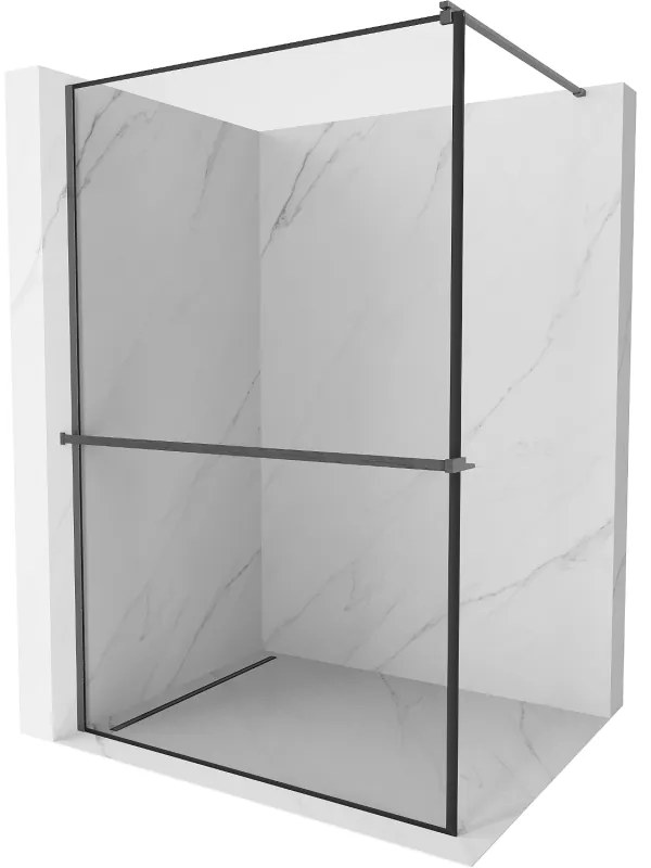 Mexen Kioto+, Walk-In zuhany paraván polccal és akasztóval 130 x 200 cm, 8 mm átlátszó üveg fekete mintás, grafit profil, 800-130-121-66-70