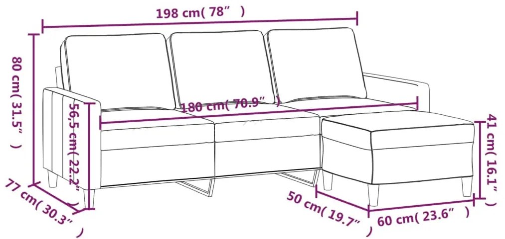 3 személyes barna bársonykanapé lábtartóval 180 cm