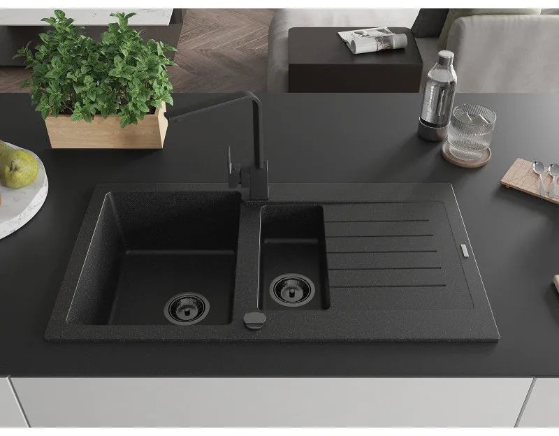 Mexen Matias, gránit mosogató 900x505x200 mm, 1,5 kamrás és fekete csaptelep Rita, fekete foltos, 6502-73-670300-70-B