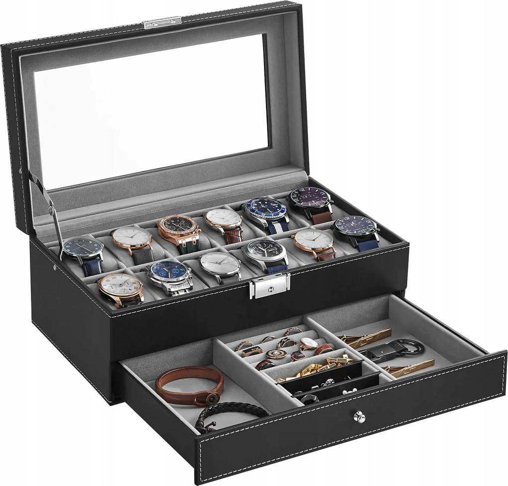 Óratartó doboz 12 rekesszel, üveg fedéllel, Ajándék 2 szint