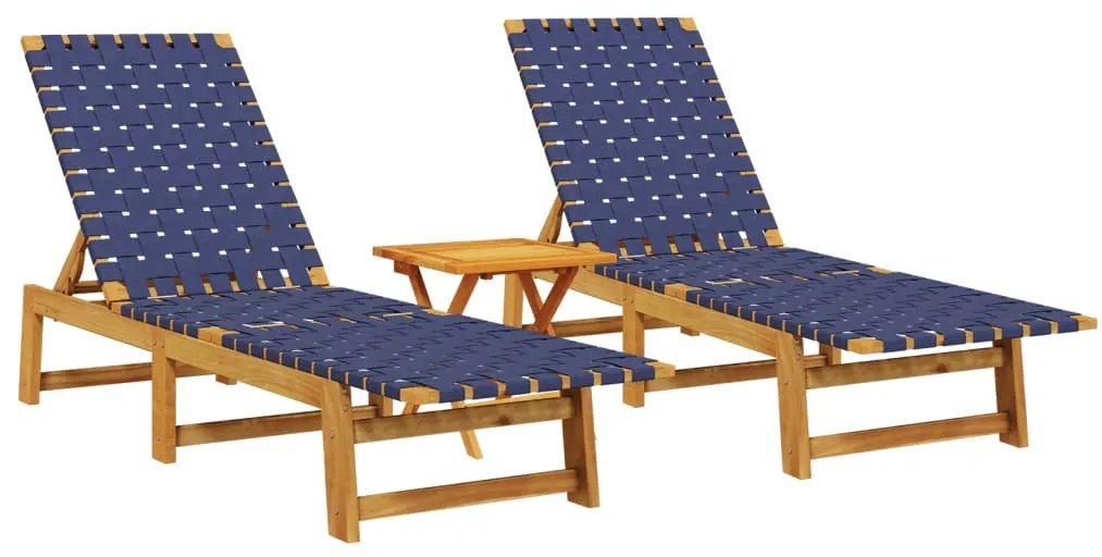 2 db sötétkék tömör akácfa napozóágy asztallal