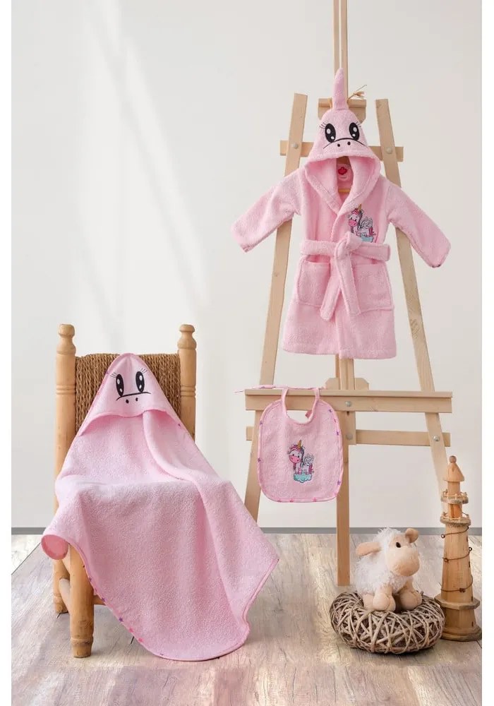 Rózsaszín pamut gyerek fürdőköpeny és fürdőlepedő szett 3 db-os 0-2 év Unicorn – Foutastic