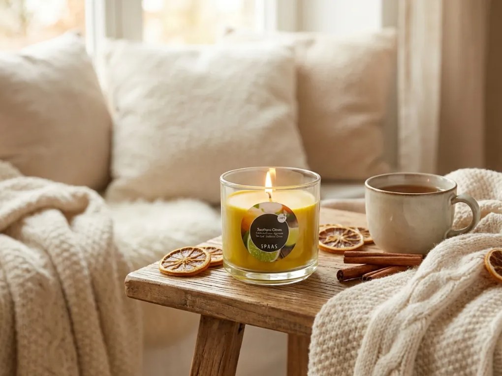 Illatos gyertya üvegben DÉLI CITRUS 8,5 cm sárga