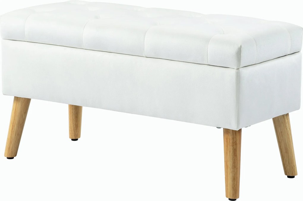 HOMCOM Tárolópad Üléssel, Otdomán Fedéllel, Ágypad Velúrral, Előszobába, Hálószobába, Nappaliba, Gumifa 80 x 35 x 40 cm Fehér | Aosom