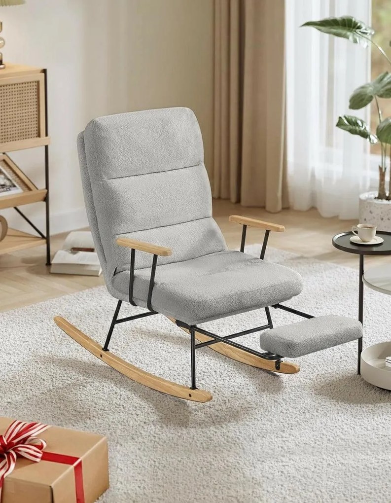 Hintaszék fa lábakkal, plüss szövettel, 4 fokozatban állítható háttámlával, Szürke színben