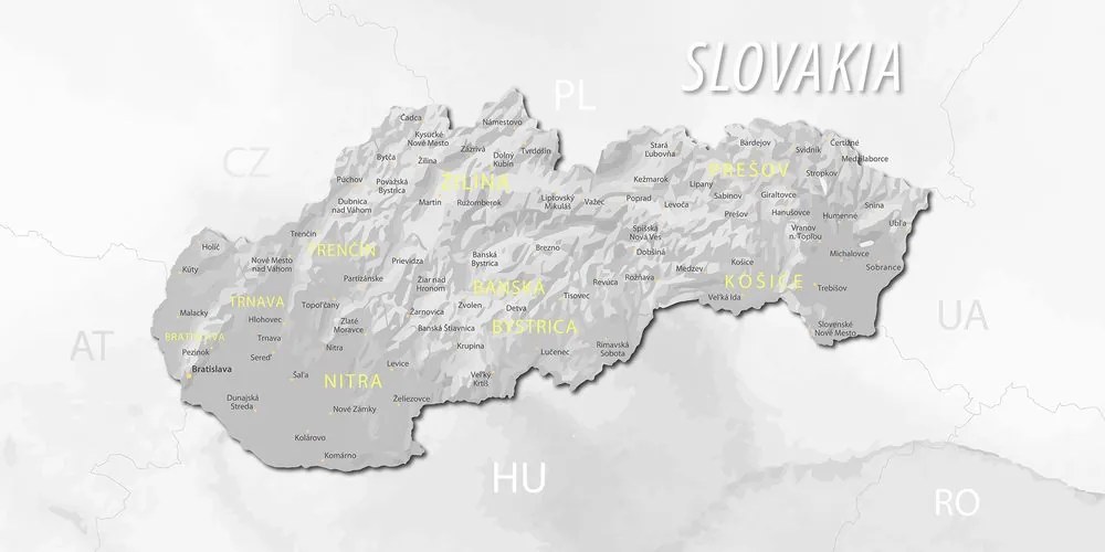 Obraz na korku decentná šedo-žltá mapa Slovenska