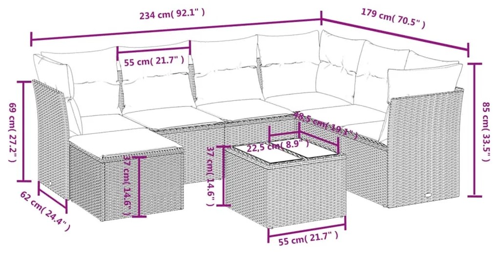 8 részes világosszürke polyrattan kerti ülőgarnitúra párnával