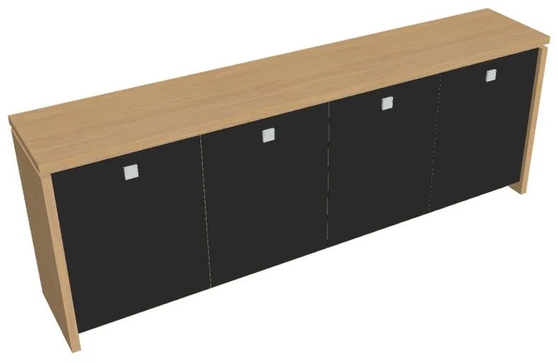 Verno alacsony szekrény 248 x 46 x 90 cm, üvegajtó, világos tölgy / fekete