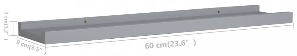 2 db szürke MDF szegélypolc képkeretekhez 60 x 9 x 3 cm