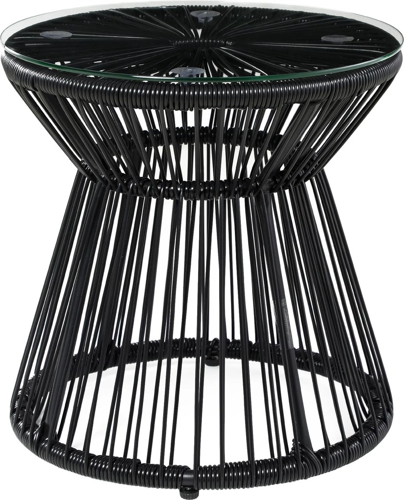 Outsunny Kerek Üveg Asztallal Ellátott PE Rattan Oldalsó Asztal, Üreges Dob dizájn, Kültéri Bútor, Kerti Asztal, 40x40x42cm, Fekete | Aosom