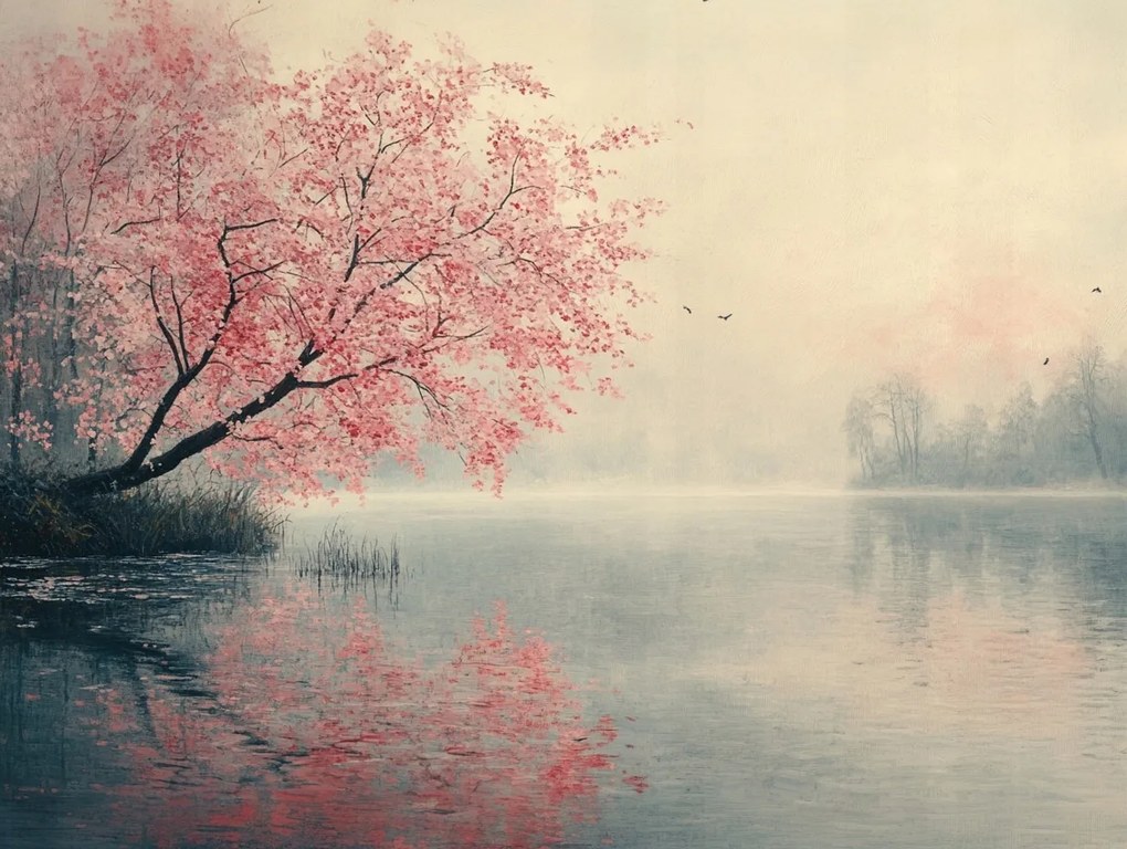 Vászonkép Canvas Tájkép Víz Tó Fa Virágok Tavasz 100x75