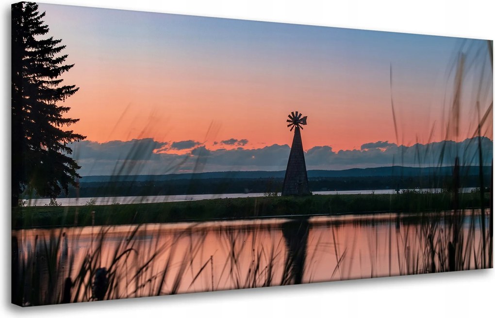 Vászonkép Szélmalom Ég Természet Naplemente Tó Fű 80x40