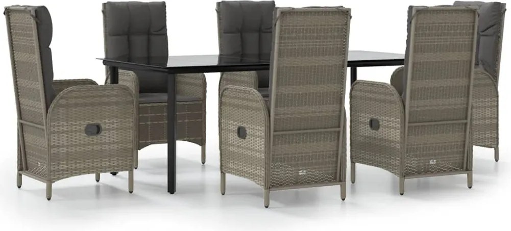 vidaXL 7 részes fekete és szürke polyrattan kerti étkezőszett párnával