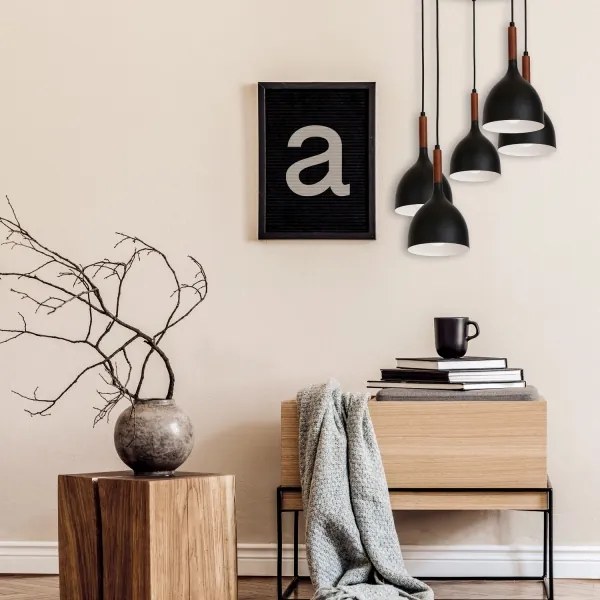 Csillár zsinóron NOAK WOOD 5xE27/15W/230V fekete/bükkfa