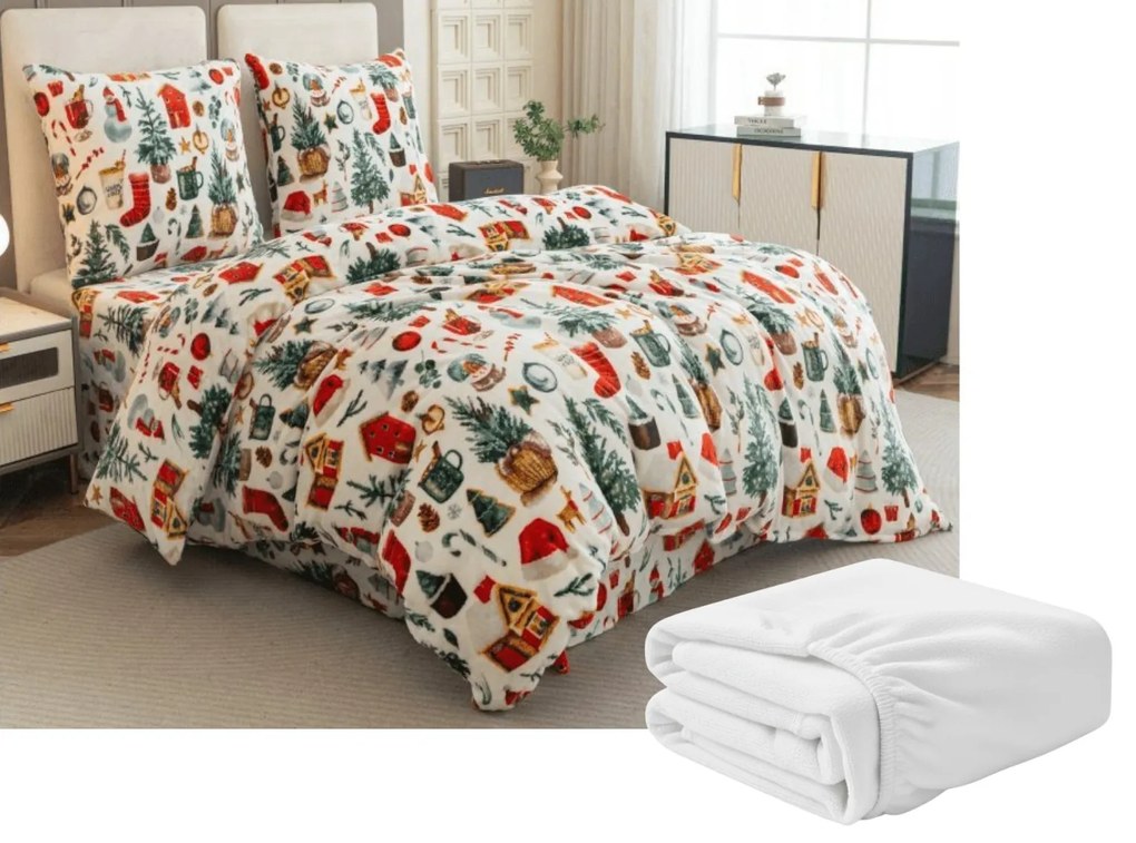 Mikroplüss ágyneműhuzat készlet FESTIVE MAGIC fehér + mikroplüss lepedő SOFT 180x200 cm fehér, franciaágy részére