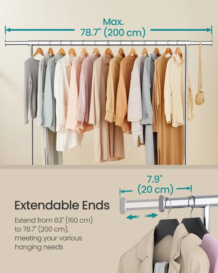 Ruhatartó állvány kerekekkel, 110 kg teherbírással, ezüst színben