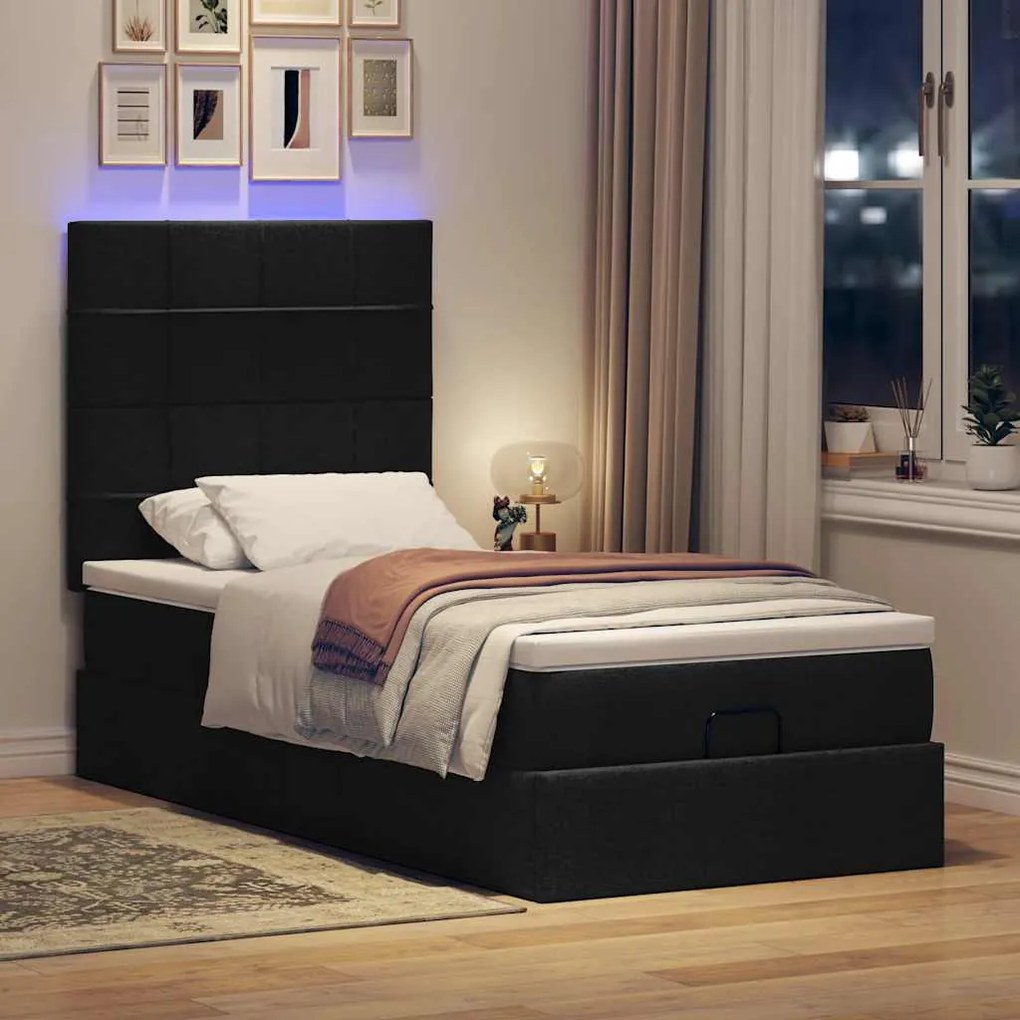 fekete szövet ottomán ágy matraccal &amp; LED-ek 80x200cm
