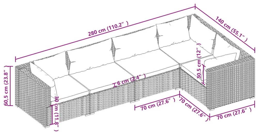 5 részes szürke polyrattan kerti ülőgarnitúra párnákkal