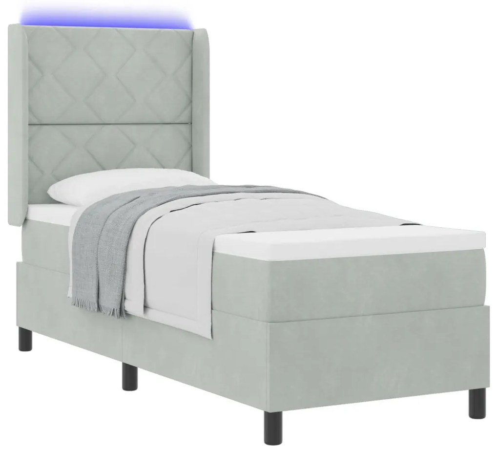 Box Spring Ágy Matraccal és LED Világosszürke 80x200 cm Bársony