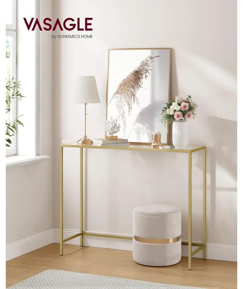 Konzolasztal fém vázzal edzett üveglappal, óarany 100x35x80cm