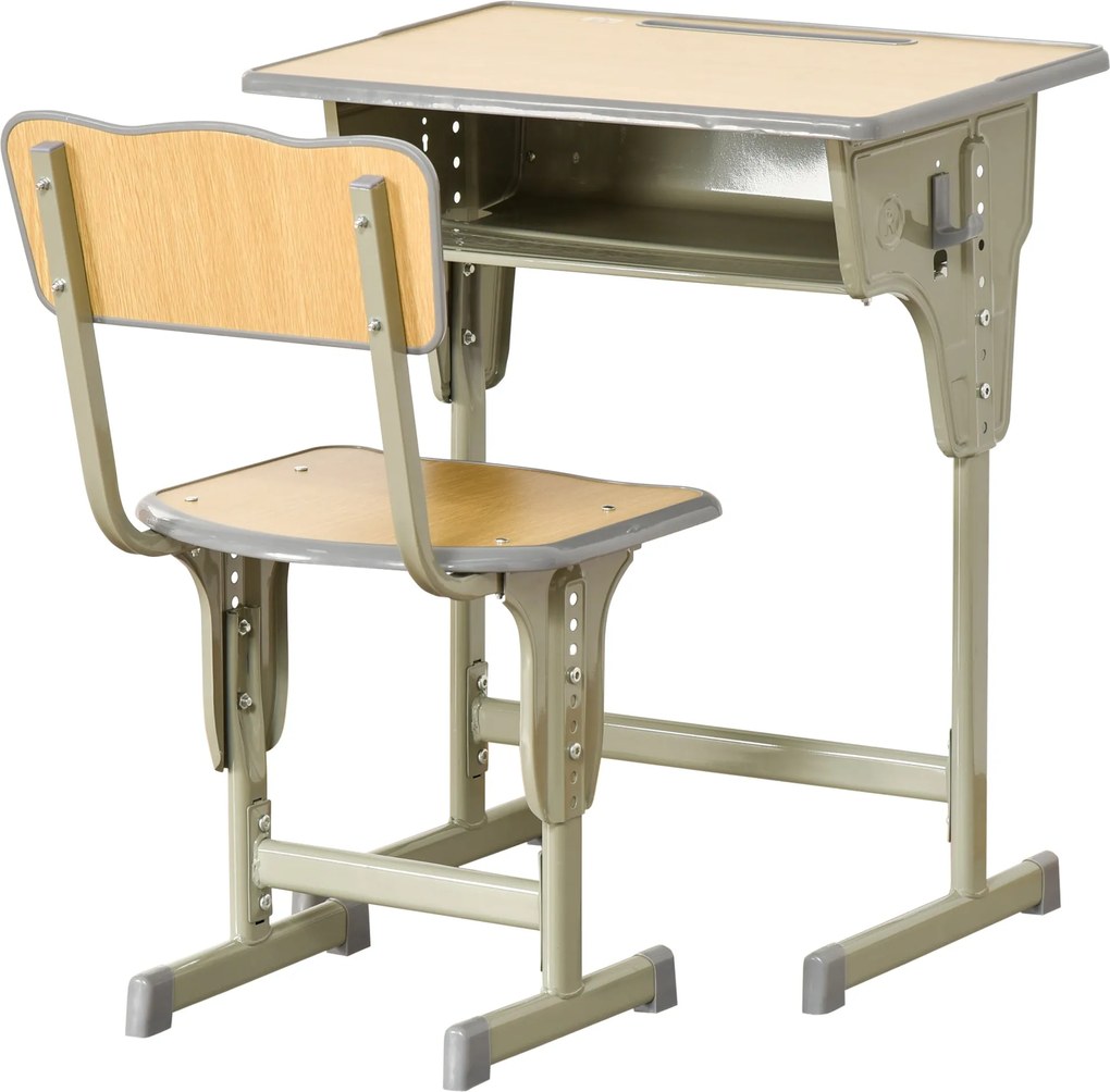 HOMCOM Gyermek Íróasztal és Szék Készlet 6 Éves Kor Felett Magasságban Állítható Gyermek Íróasztal Fiókkal és Akasztóval - Természetes | Aosom