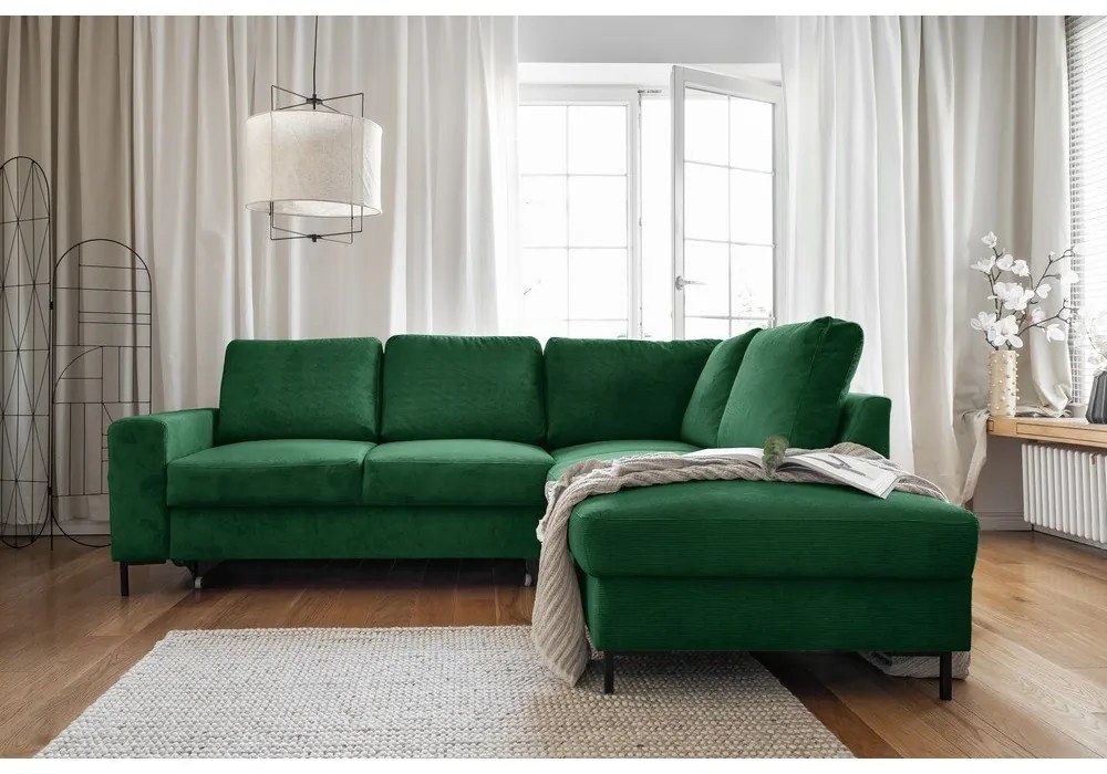 Sötétzöld kordbársony kinyitható sarokkanapé (jobb oldali) Lofty Lilly – Miuform