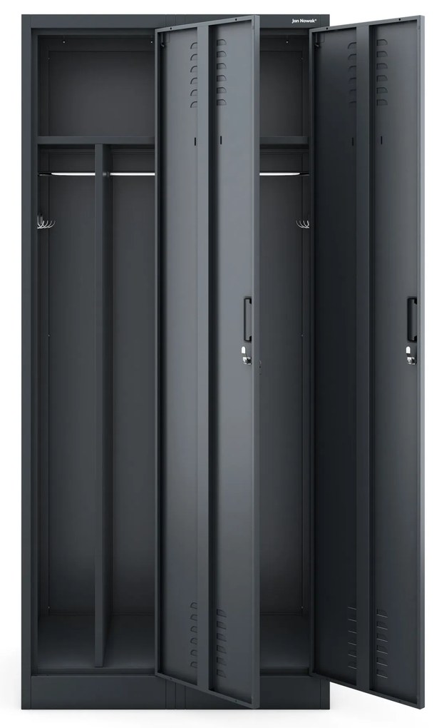 Pléh öltözőszekrény talpazaton, kétmodulos, polccal és köztes fallal KACPER, 800 x 1800 x 500 mm, antracit