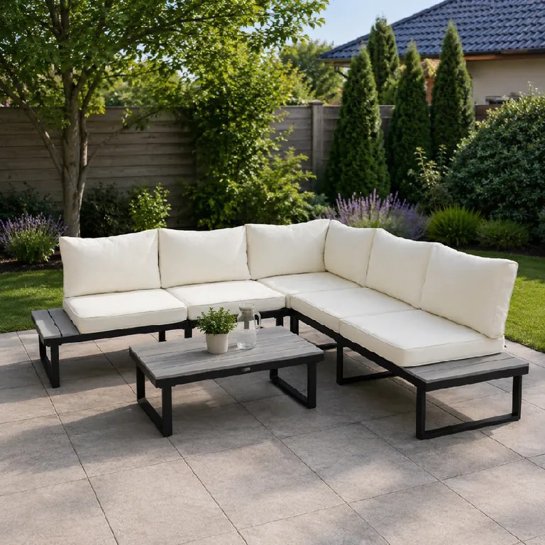 Furnigo Malaga kerti fémszett - fekete/krémszínű párnák