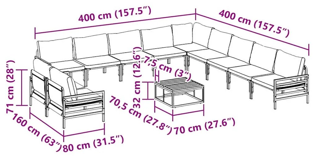 Kerti Kanapé Szett 12 pcs Antracit Acél