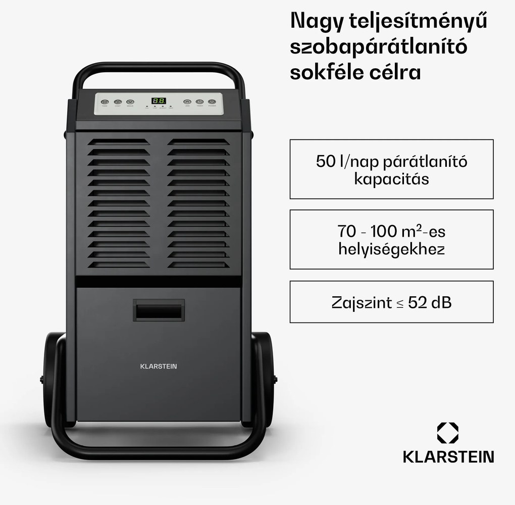 Klarstein DuraDry 50L páramentesítő, 50 l/nap, 70-100 m², rozsdamentes acél, mobil, 450 m³/h