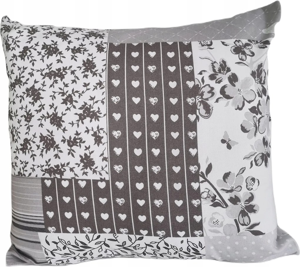 Pamut párnahuzat 40x40 szürke patchwork szív pillangók virágok