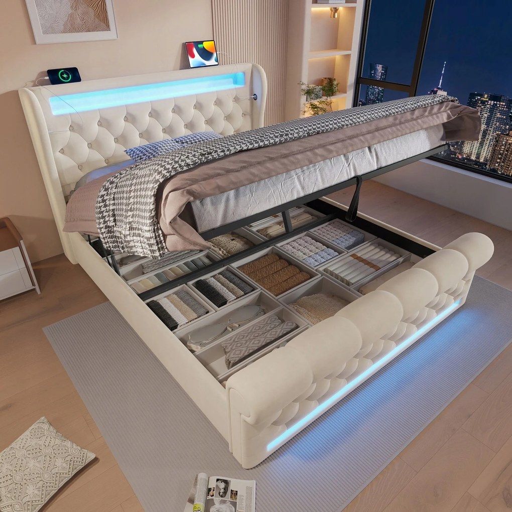 Kárpitozott ágy Dupla ágy 140x200cm Led Usb Type-C bézs+Matrac