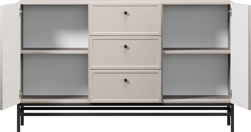 Lorini komód 150 cm fiókokkal - kasmír / fekete fogantyúk / fém lábak