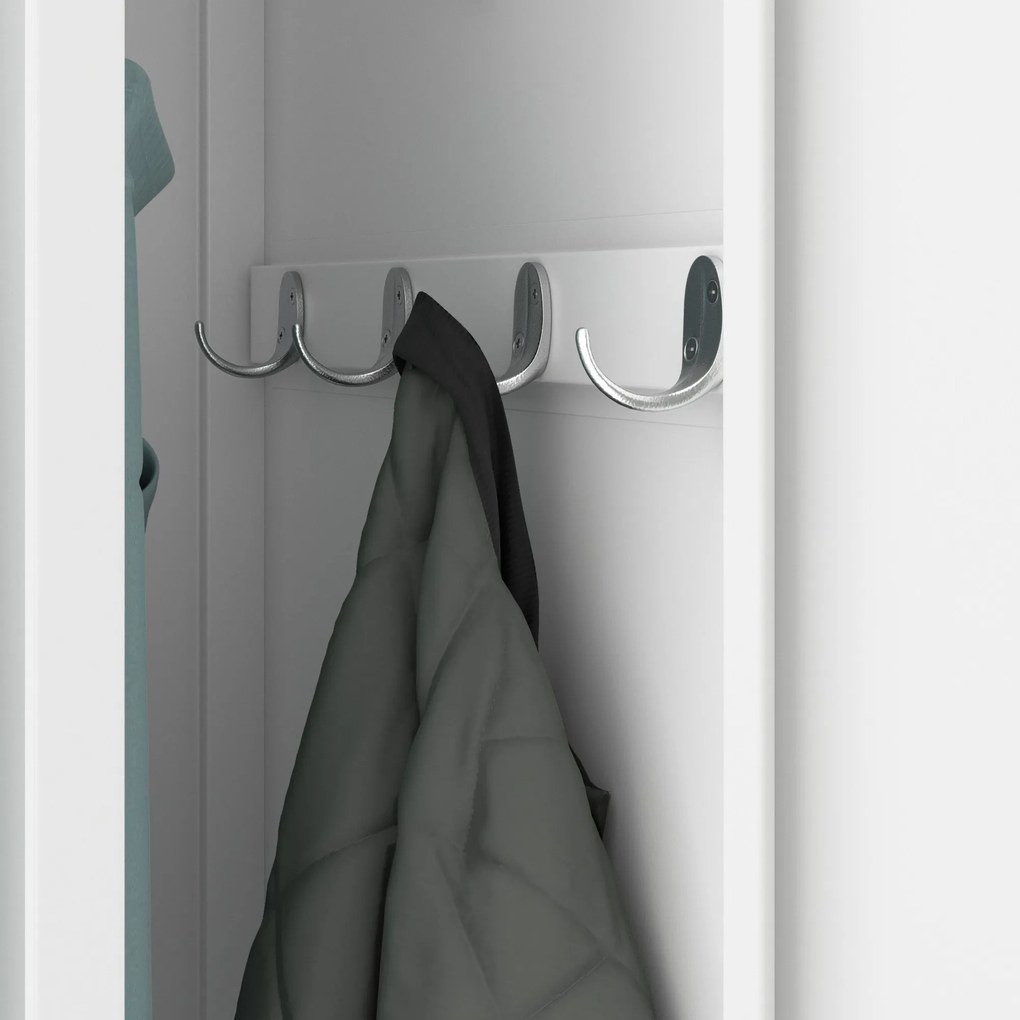 Pléh öltözőszekrény talpazaton, kétmodulos, polccal és köztes fallal KACPER, 800 x 1800 x 500 mm, fehér