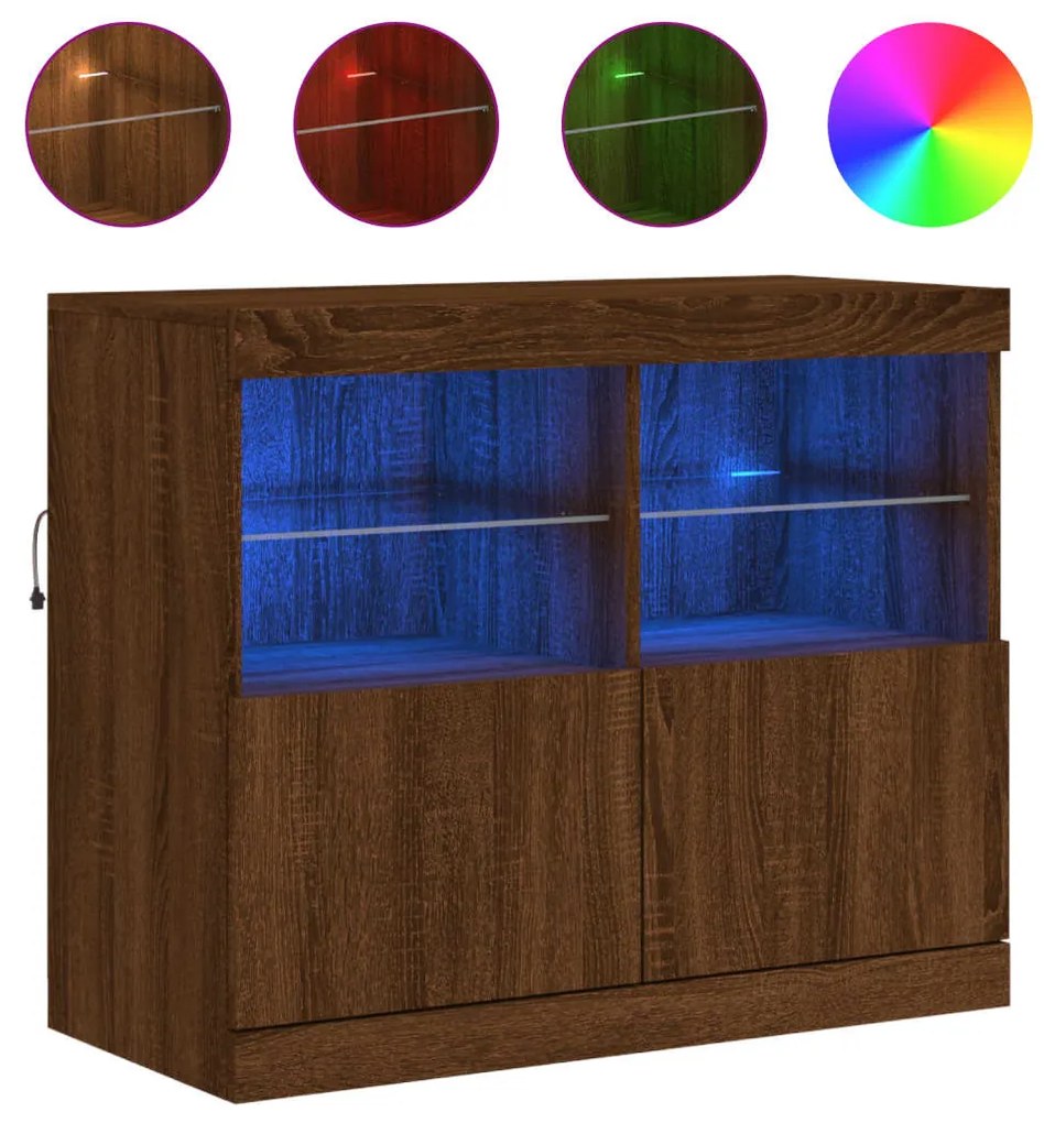 barna tölgy színű tálalószekrény LED-ekkel 81 x 37 x 67 cm