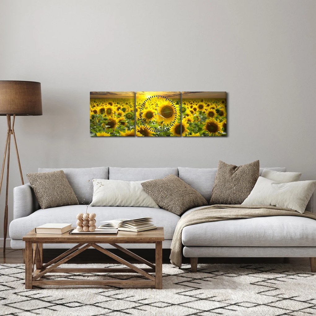Kép - Napraforgók naplementében (órával) (90x30 cm)