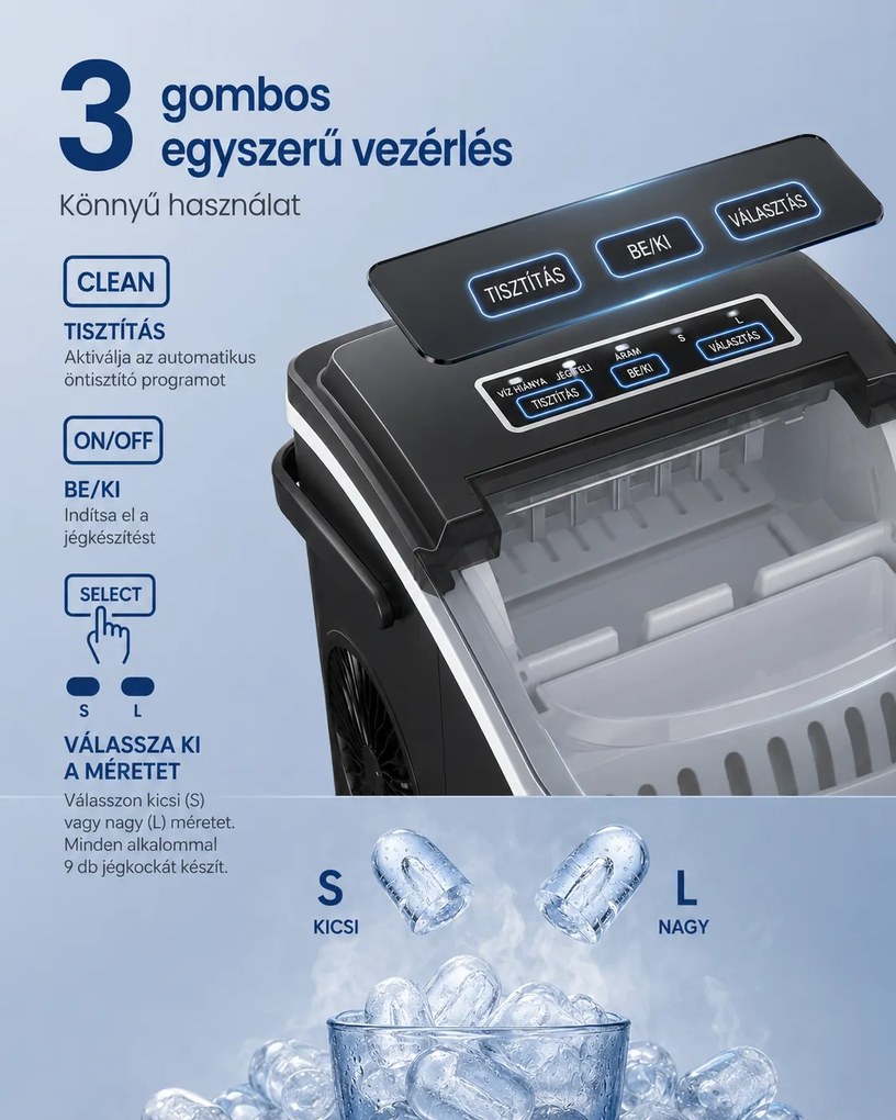 Jégkockakészítő Gép, 12 kg/24h, Öntisztító, Hordozható – Fekete