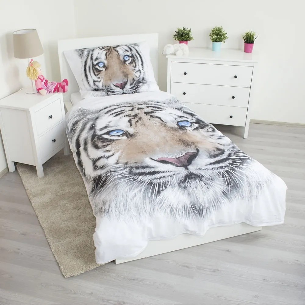 Fehér-szürke egyszemélyes pamut gyerek ágyneműhuzat 140x200 cm White Tiger – Jerry Fabrics