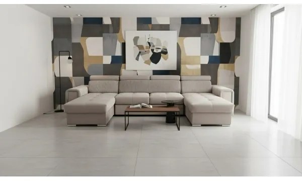 Ággyá nyitható ülőgarnitúra univerzális U-formájú sarokrésszel és tárolóval SALVADA bézs