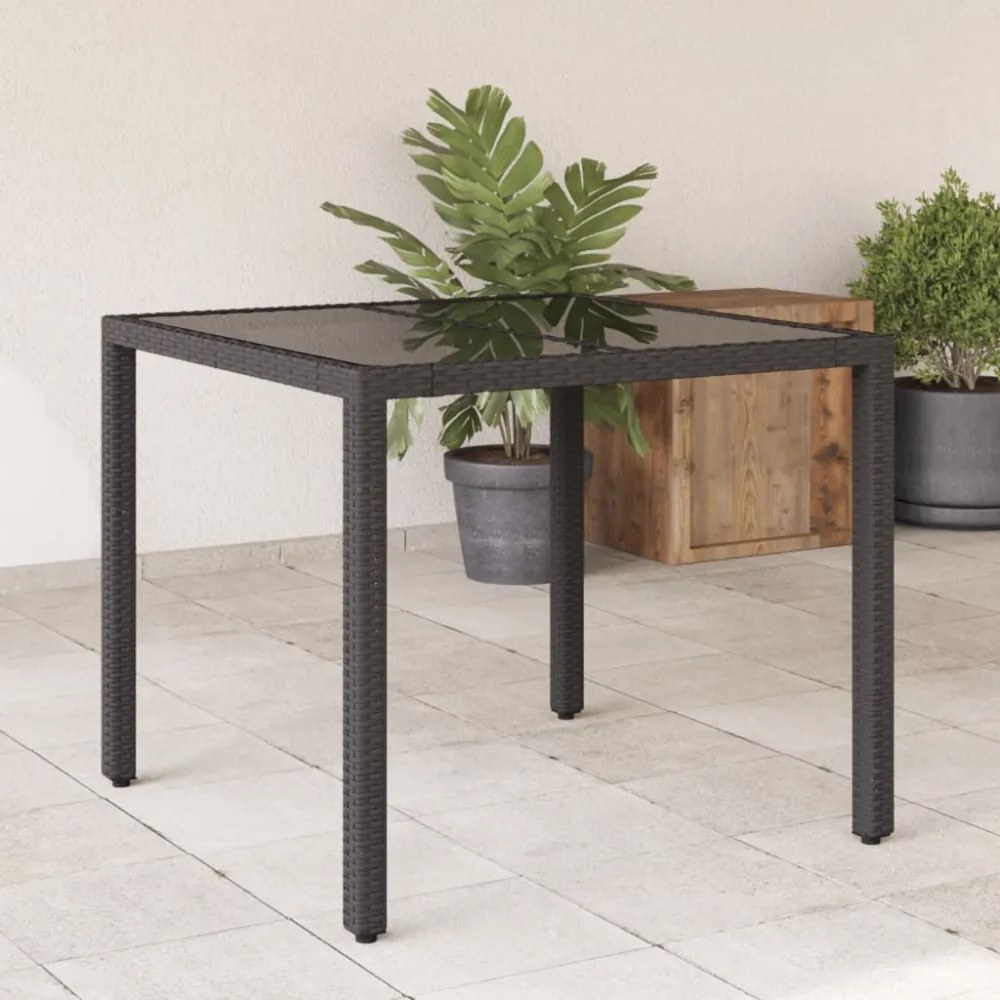 fekete polyrattan üveglapos kerti asztal 90 x 90 x 75 cm