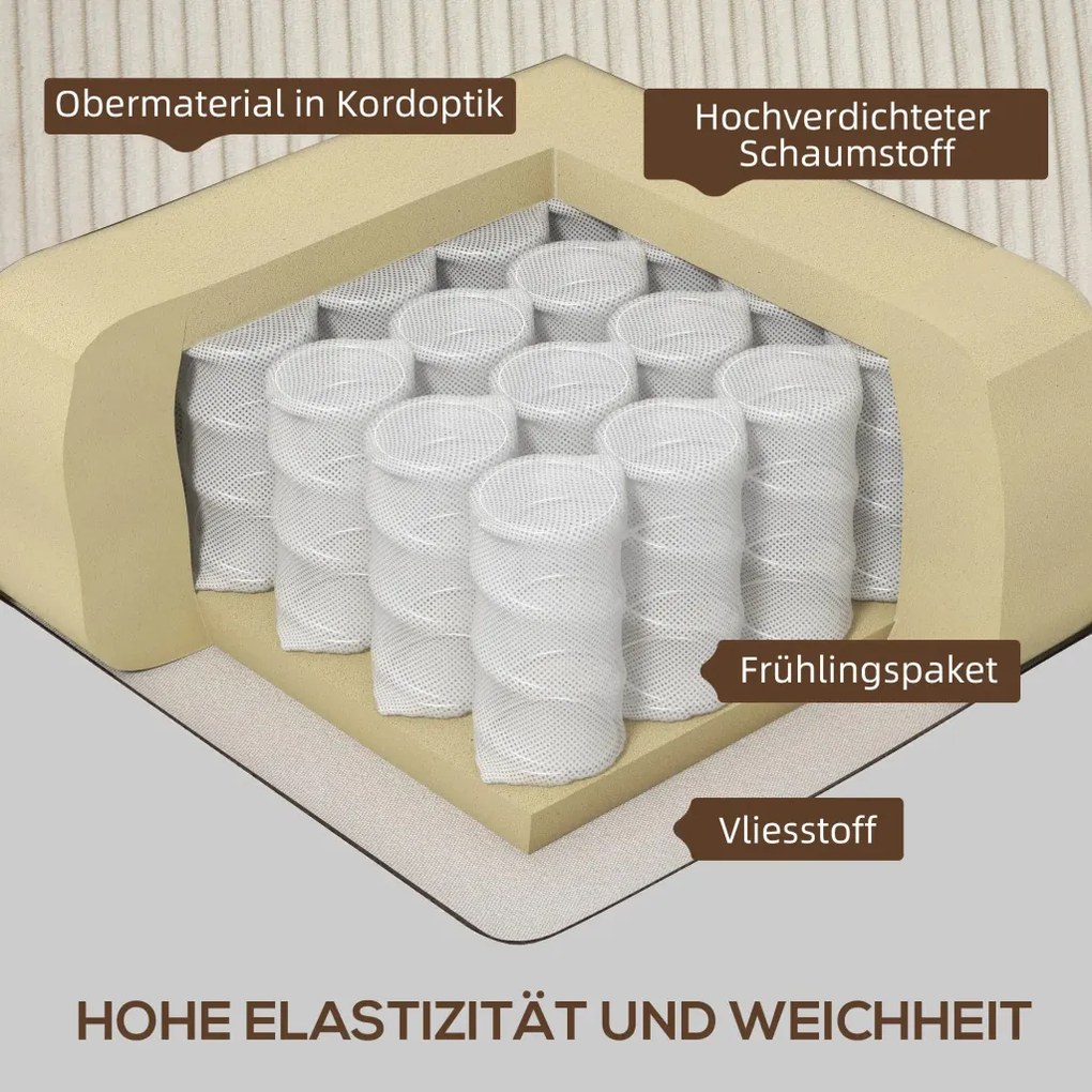 HOMCOM Kanapé, 3 személyes, kordbársony huzattal, rugós maggal, 227 x 84 x 87 cm, krémfehér